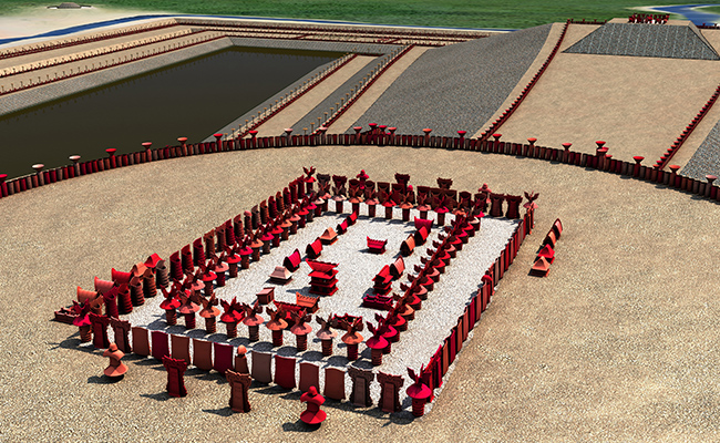 Virtual reconstruction of rows of haniwa arranged on the mound top (Ojin-tenno-ryo Kofun)